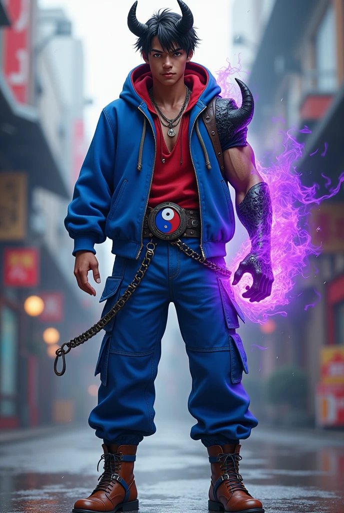 Boy age 20, latin, brown eyes, deep and cute eyes, royal blue hoodie, the hoodie hood is red into, royal blue cargo pants, only right demon arm with black horns, only right arm on violet flames, cyberpunk japanese style, belt with a blue and red ying yang, chains around the belt, athletic, magic powers, action, cunning look, leather brown boots with metal pins, black cat nails, hero, full body, hero pose, black hair