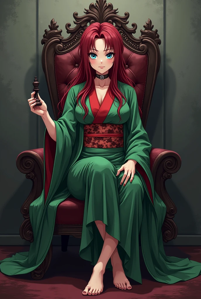 The image is anime style with shadows and dim lights, anime style although somewhat adult and dark, It shows a 40-year-old adult woman with blue eyes and wearing a beautiful oversized green and red yukata.; He also wears sandals. She has very long and loose hair., dark red, with a face that shows malice, She has beautiful feet. The background of the image is a grey wall. is beautiful, but he seems like a psychopath. You are sitting on a kind of throne, while holding a chess piece in his hand