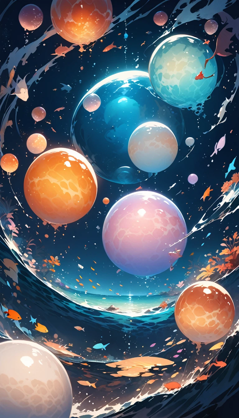 「A fantastic view of the deep sea。A transparent round sphere floats in the water.、A soft purple and orange gradation spreads around、Warm light shines through the water。Tiny bubbles float in the still water.、Gentle ripples are spreading。The overall atmosphere is calm and sleepy.、A silent deep sea scene with no people or living creatures present。」