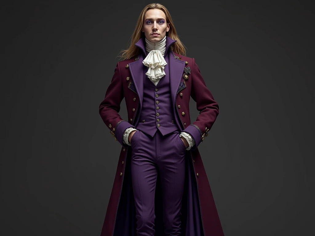 Pale and tall man, Appears to be 30-3.long light brown hair with golden highlights, Thin gray-blue eyes with dark purple eyeshadow and noticeably high cheekbones. His clothes are in Victorian style, old, Long dark burgundy jacket with lavender lining and gold pins on the folded cuffs. Under his jacket he has a purple vest over a white ruffled shirt, Wearing classic purple trousers, In dark blue knee-high boots and gloves of the same color.
