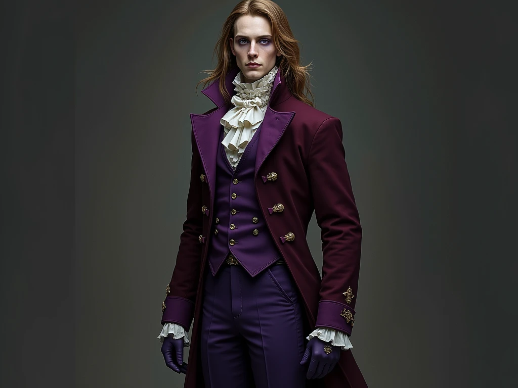 Pale and tall man, Appears to be 30-3.long light brown hair with golden highlights, Thin gray-blue eyes with dark purple eyeshadow and noticeably high cheekbones. His clothes are in Victorian style, old, Long dark burgundy jacket with lavender lining and gold pins on the folded cuffs. Under his jacket he has a purple vest over a white ruffled shirt, Wearing classic purple trousers, In dark blue knee-high boots and gloves of the same color.
