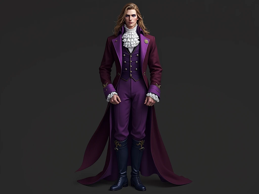 Pale and tall man, Appears to be 30-3.long light brown hair with golden highlights, Thin gray-blue eyes with dark purple eyeshadow and noticeably high cheekbones. His clothes are in Victorian style, old, Long dark burgundy jacket with lavender lining and gold pins on the folded cuffs. Under his jacket he has a purple vest over a white ruffled shirt, Wearing classic purple trousers, In dark blue knee-high boots and gloves of the same color.