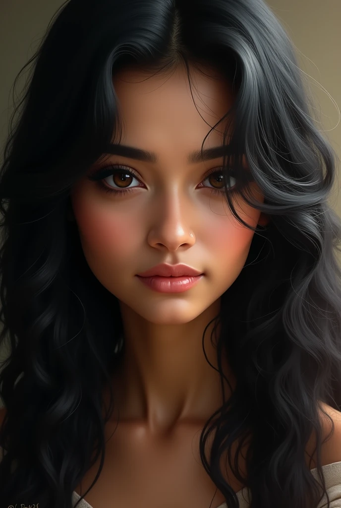 Woman with long, abundant hair, black wavy , of hindu beauty, large, expressive black eyes, long nose small and fleshy mouth, broad cheeks hair combed to one side