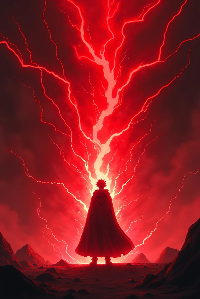 ((Best Quality)), ((masterpiece)), (detailed), an electric king aura with king&#39;s haki in anime style, all red color, with the black silhouette of a simple person in the center. With a black background, and with black magic rays.