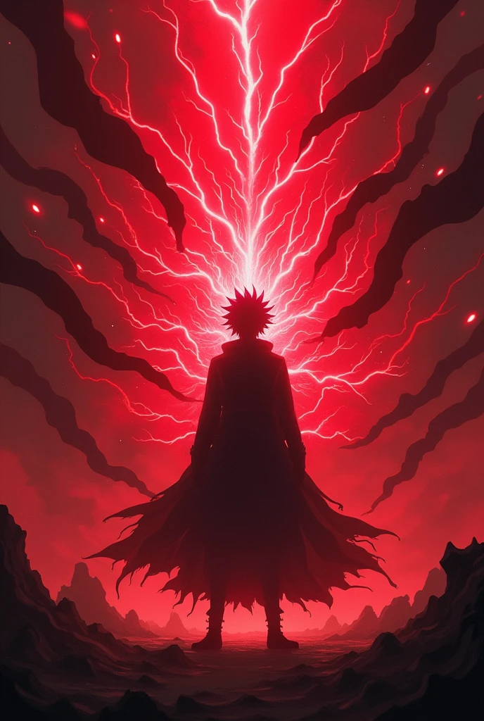 ((Best Quality)), ((masterpiece)), (detailed), an electric king aura with king's haki in anime style, all red color, with the black silhouette of a simple person in the center. With a black background, and with black magic rays.