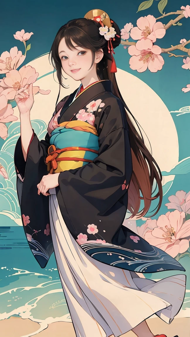(SeaArt creates stunning illustrations of beautiful women in kimono)、Vividly colored Japanese Ukiyo-e style illustrations、A beautiful woman smiles and shows her upper white teeth、Brown-black long hair、Beautiful full body style、Let's dance a little Tokyo Ondo Yoiyoi、Beautiful new digital paintings,、Bright vibrant digital anime art、 Beautiful anime portraits、background、Torii gate of the Japan shrine、 Detailed digital anime art、