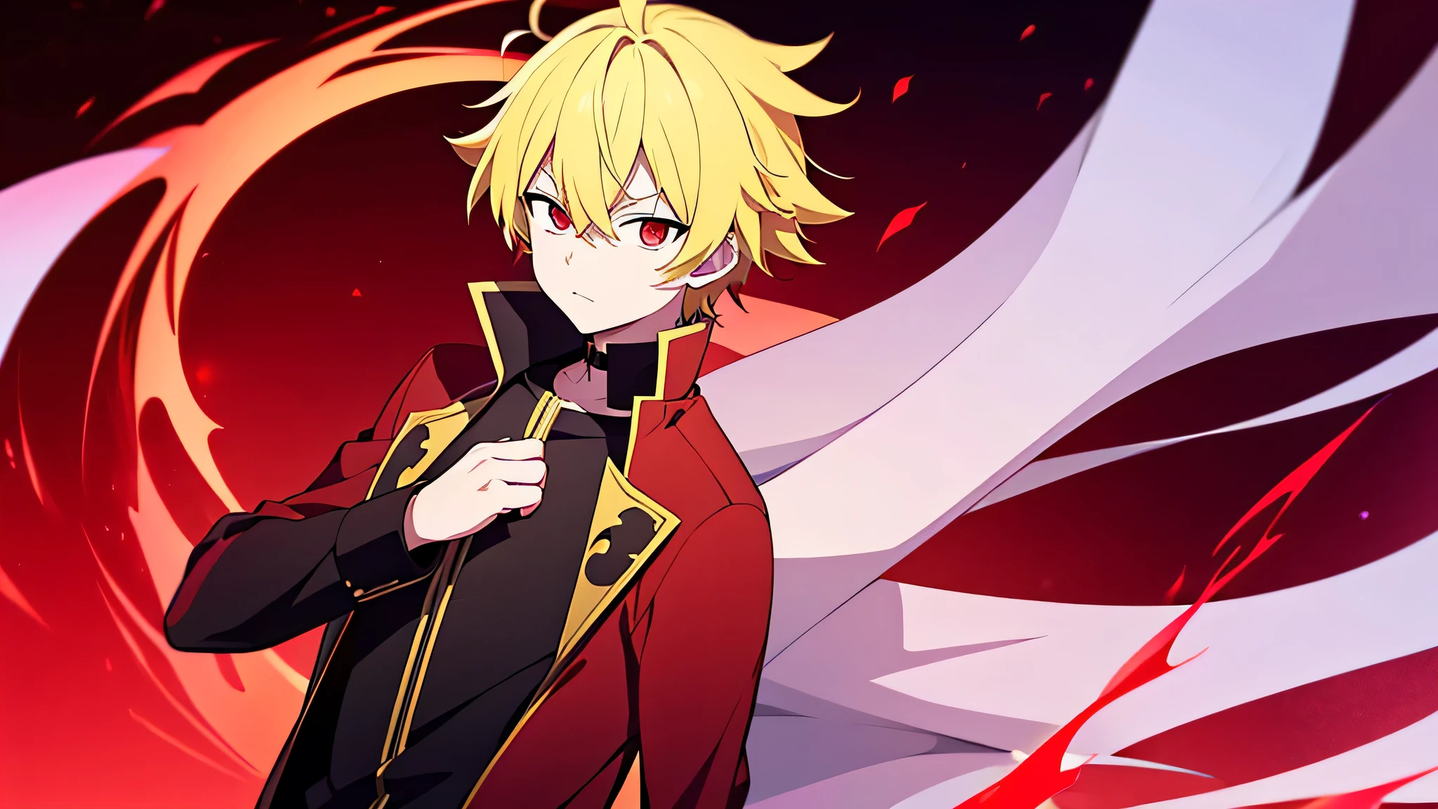 Anime, male, Yellow hair, red eye, boy, Red shirt, Black Jacket, black pants, shonen, aftermoon Background