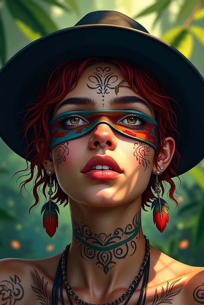 Portrait of a wild indigenous woman with tattoos on her face and colored blindfolds over her eyes  , ayant un anneaux dans le nez tel un piercing, cheveux court avec des locks rouge portant un chapeau noir, plume au oreilles  dans la jungle peinture coloré 


