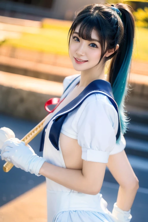 masterpiece, best quality, ultra-detailed, kawaii, cute, lovely, walking, gradation, ocean, a pretty woman, solo, sailor suit, beautiful light blue hair, beautiful brown eyes, beautiful eyes, white-skinned, ponytail, black gloves, Japanese sword, smile, shiny-glistening, gleaming