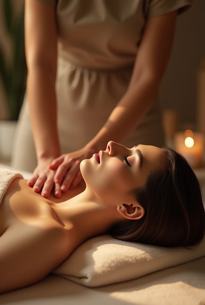 photorealism
the girl is lying on the massage table on her stomach, she is being massaged, the video is only beautiful female hands of the masseur, all in warm colors