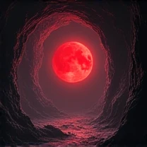 Dark cave with satanic pentagrams in the corners.
Small red moon that says Blood Moon Fest in black color Satanic Goat