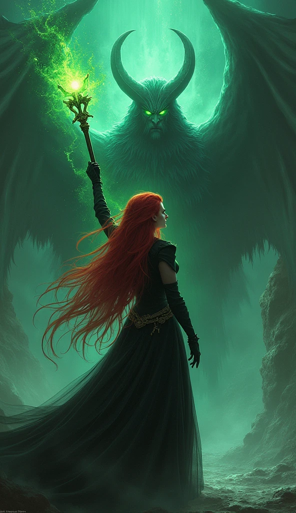 "In the depths of the Underworld, Seraphina, a red-haired summoner, confronts Hades, the god of the dead. Her green eyes glow with determination as she raises her staff, summoning the ultimate magic 'Ultima' to battle the dark powers of the Underworld."