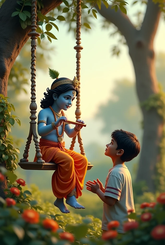 create a 3D realistic picture "A boy is worshiping Shree Krishna and Shree krishna is sitting on a swing and playing flute and "vn choudhary
" is written on the boy's t-shirts and the boy is worshiping and in the background make sure everything should be correct