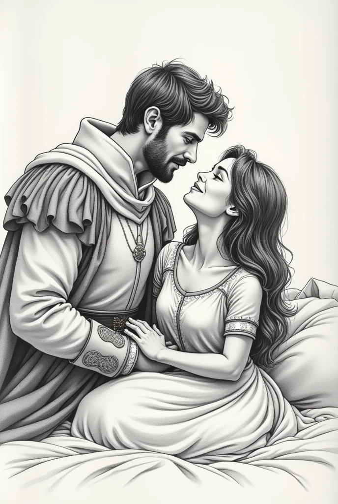Draw a picture of a handsome prince meeting a and then they make love on the bed.