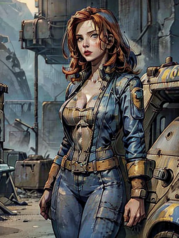 a girl in a fallout vault wearing a dark blue and yellow jumpsuit, pip-boy 3000, long red hair, round breasts, cleavage, post-apocalyptic, nuclear wasteland, desolate, ruined city, dramatic lighting, cinematic, photorealistic, 8k, hyper detailed, masterpiece