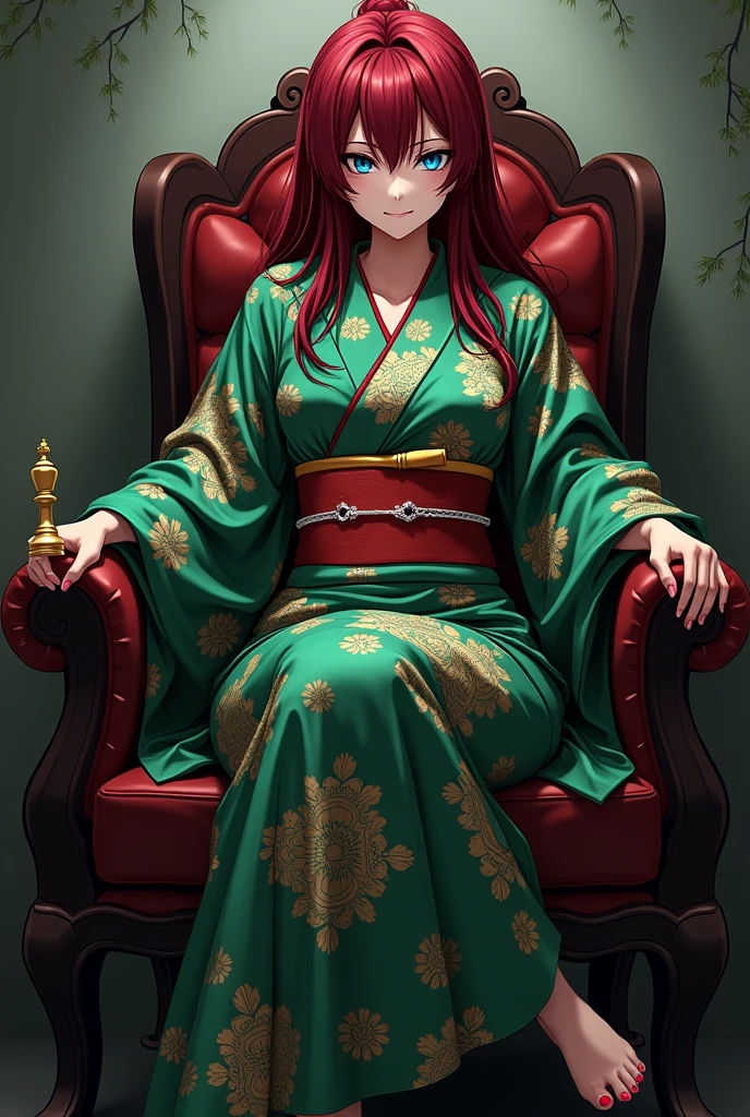 The image is anime style with shadows and dim lights, anime style although somewhat adult and dark, It shows a 40-year-old adult woman with blue eyes and wearing a beautiful oversized green and red yukata.; He also wears sandals. She has very long and loose hair., dark red, with a face that shows a malevolent smile with malice, She has beautiful feet. The background of the image is a grey wall. is beautiful, but he seems like a psychopath. You are sitting on a kind of throne, while holding a chess piece in his hand