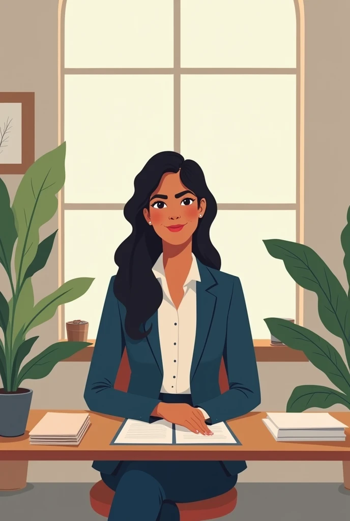 a indian female friendly looking business character in a (Dress code). Sitting behind his laptop in his studio, arms on his desk. It is (Day or Night). The room is minimalistic. Front facing to the camera, looking straight and centered, central portrait, sitting straight, front view, centered looking straight. The overall ambiance of the image should convey a connection to minimalism, flat illustration, bold line, minimalism, simplified, gouache illustration. 8k resolution.