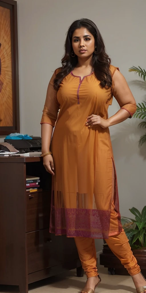 Day scene, A radiant, full-figured South Indian 3 aunty a brown colour chiffon fully transparent kurta, bra visible through kurta, ,standing, in a office captured in a full-body image with vibrant hues and meticulous details. Full body image