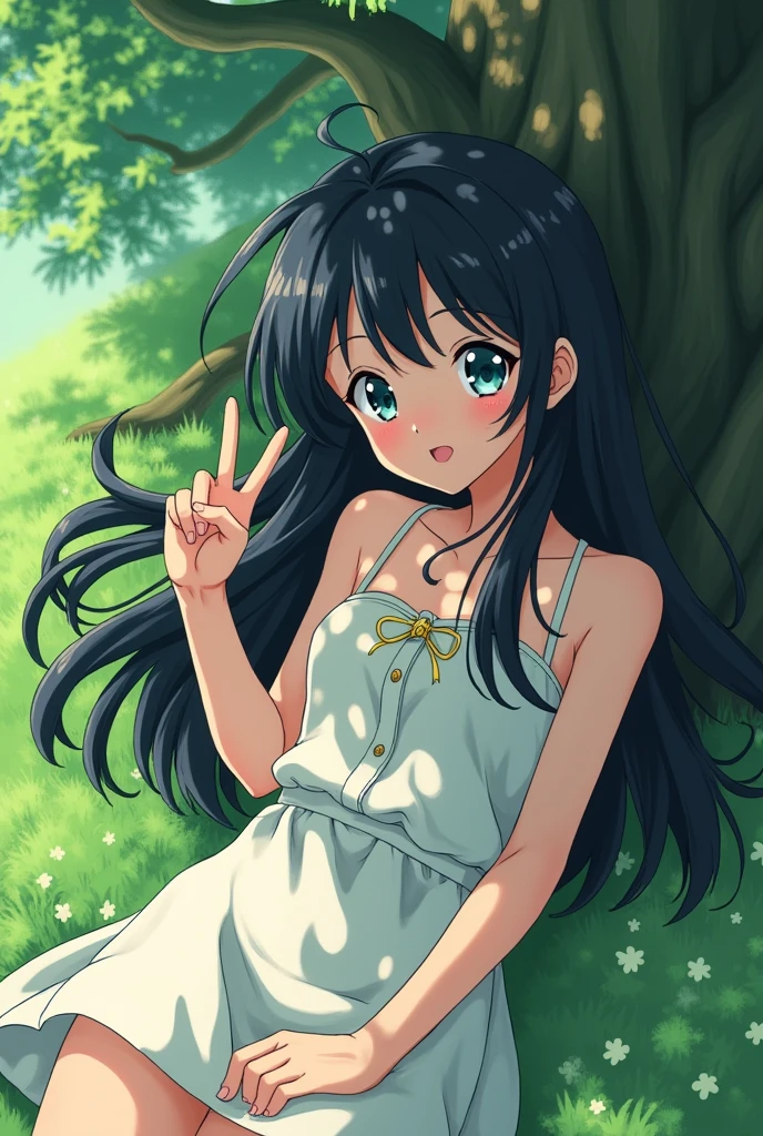 anime girl with black hair, making the peace sign, Moe anime art style, visual anime of a cute girl, in an anime style, in anime style, in the art style of 80s anime, cute anime girl, Beautiful anime style, anime style character, in anime style japonés, young anime girl, anime girl named lucy, as anime character, She is lying next to a tree, He has a blow to his head, and his eyes are closed