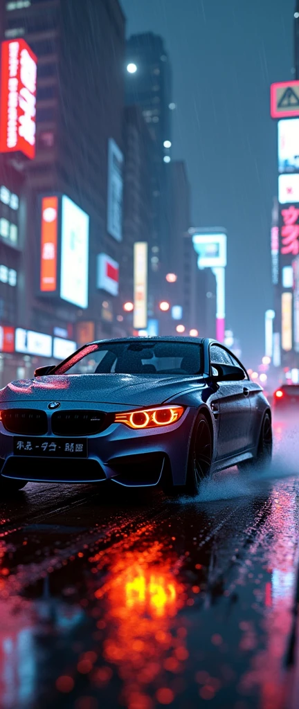 bmw m4 on the sanghai road at night with rain