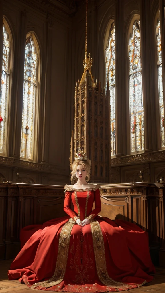  8k,highest quality, masterpiece, Ultra-high resolution,(masterpiece:1.6, highest quality), Intricate details,   1girl,princess, solo,fullbody shot,blonde hair, huge hairbun,tower hairbun,very big hair Bun ,red gown,crown,on castle