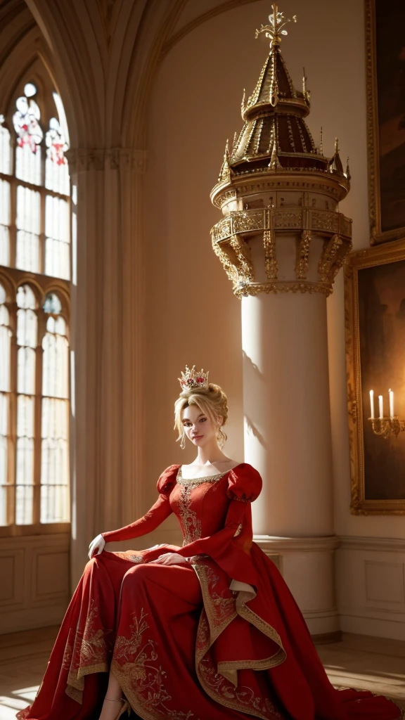  8k,highest quality, masterpiece, Ultra-high resolution,(masterpiece:1.6, highest quality), Intricate details,   1girl,princess, solo,fullbody shot,blonde hair, huge hairbun,tower hairbun,very big hair Bun ,red gown,crown,on castle