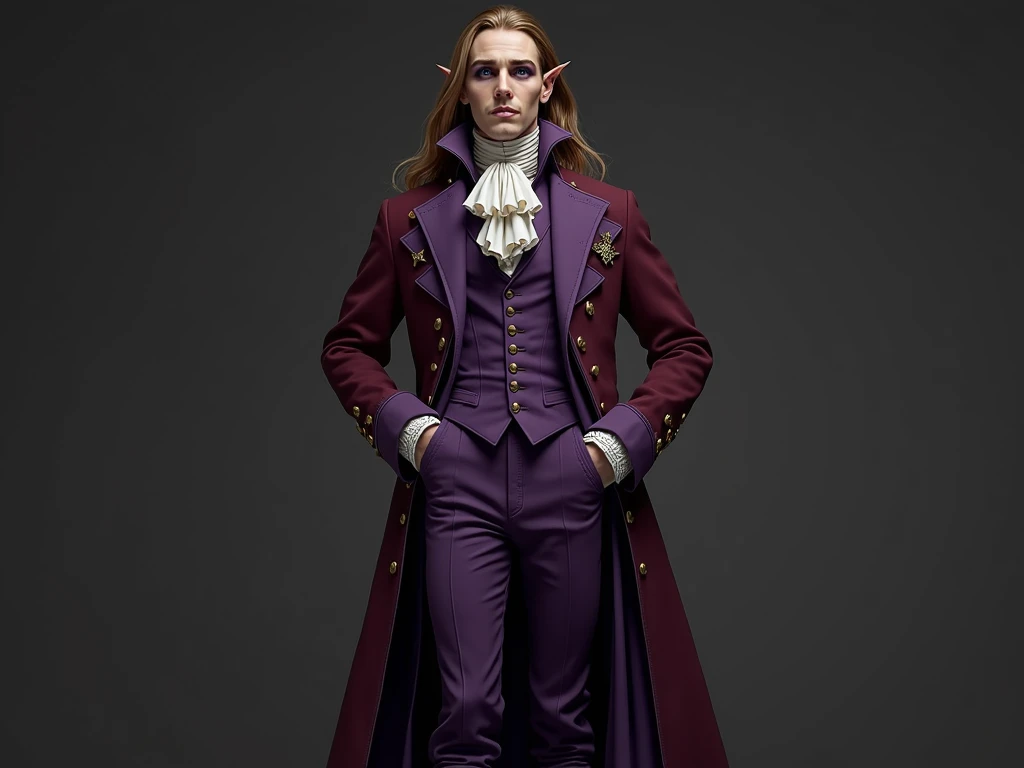 Pale and tall man, Appears to be 30-3.long light brown hair with golden highlights, Thin gray-blue eyes with dark purple eyeshadow and noticeably high cheekbones. His clothes are in Victorian style, old, Long dark burgundy jacket with lavender lining and gold pins on the folded cuffs. Under his jacket he has a purple vest over a white ruffled shirt, Wearing classic purple trousers, In dark blue knee-high boots and gloves of the same color.
