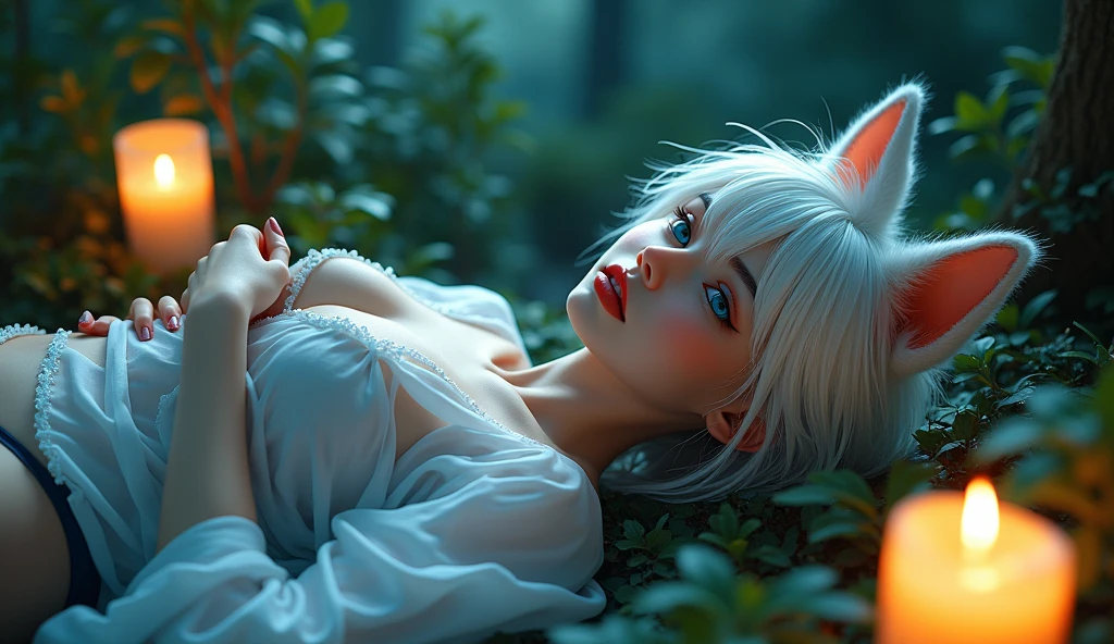 Ultra-realistic 8k CG, masterpiece, ((Ultra detailed background, delicate nature, Intricate details, Ultra detailed bikini zone), best quality, Intricate detailss, Chromatic Aberration, soft skin, very beautiful girl, lying on back, sexy body, moaning in pleasure, moaning from orgasm, hand on panties, wet shirt, awesome kitsune ears and tail, forest, bent over in a seductive pose, candles around, azure silk panties, wet panties, Large-size shirt, See-through white shirt, wet shirt, Off-shoulder, small breasts, short hair, messy hair, white hair with red highlights, strikingly beautiful azure eyes with sparkles, symmetrical eyes, Dim Lights, full body view, top view, masterpiece, best quality, realistic