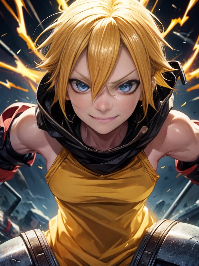 smile, Blood_Skeletor, Bright Eyes, One person, uzumaki naruto, Blonde, Yellow clothes, Finding, Finding, Battle Damage, alone, Torn clothes, Serious expression, Very detailed, anime, High resolution, masterpiece, drawing, 8k, Professional, Symmetric, (Detailed eyes, Iris of the eye:0.5), (looking at the camera:0.8), blue eyes, Yellow Hair, spark, light
