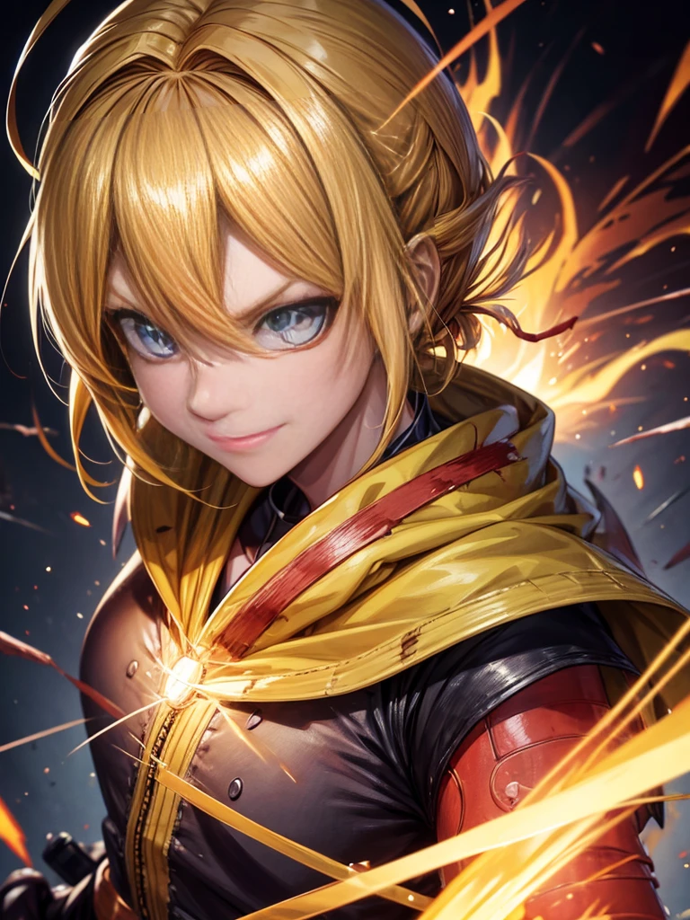 smile, Blood_Skeletor, Bright Eyes, One person, uzumaki naruto, Blonde, Yellow clothes, Finding, Finding, Battle Damage, alone, Torn clothes, Serious expression, Very detailed, anime, High resolution, masterpiece, drawing, 8k, Professional, Symmetric, (Detailed eyes, Iris of the eye:0.5), (looking at the camera:0.8), blue eyes, Yellow Hair, spark, light