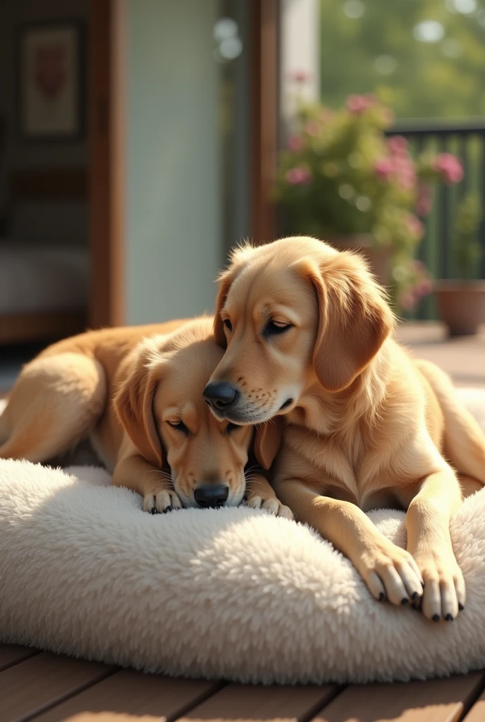 Golden Retriever、Are sleeping、Realistic fur、Fluffy futon、Realistic、raw、Photorealistic、Super detailed、high resolution、high quality、High resolution、Veranda、