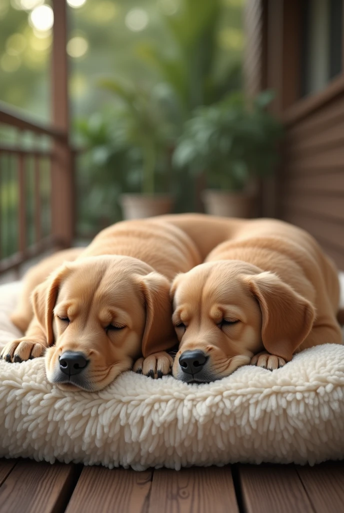 Golden Retriever、Are sleeping、Realistic fur、Fluffy futon、Realistic、raw、Photorealistic、Super detailed、high resolution、high quality、High resolution、Veranda、
