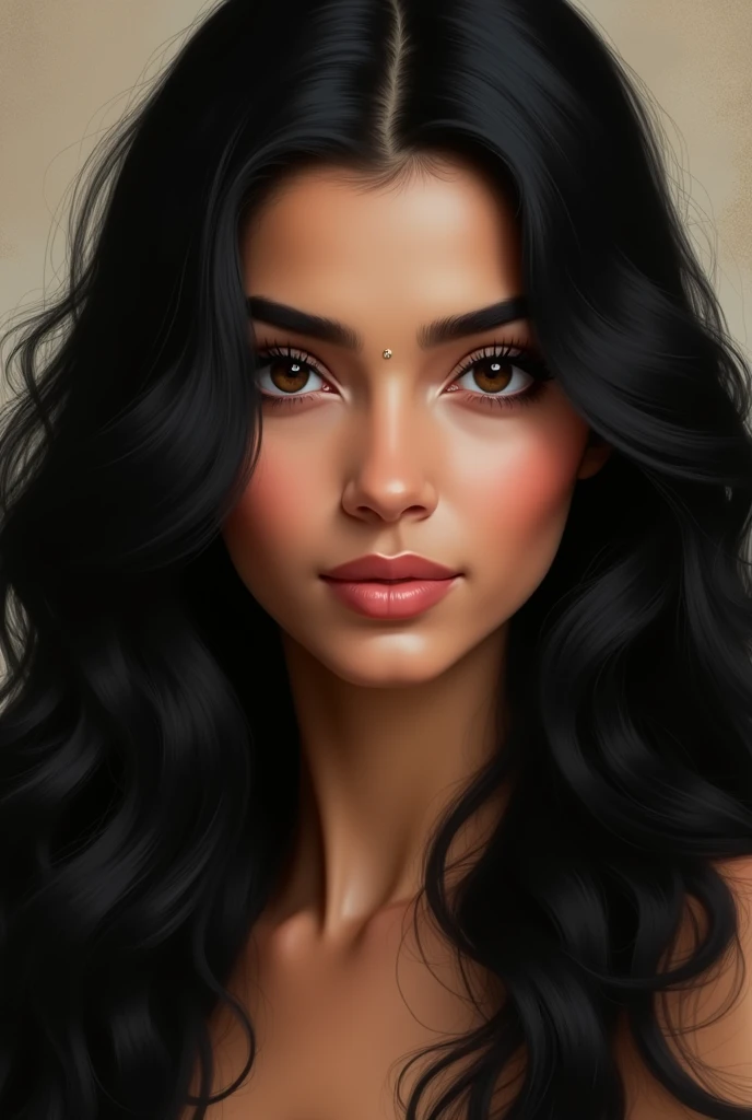 Woman with long, abundant hair, black wavy , of hindu beauty, large, expressive black eyes, long nose small mouth, Oval face, with hair together or to one side