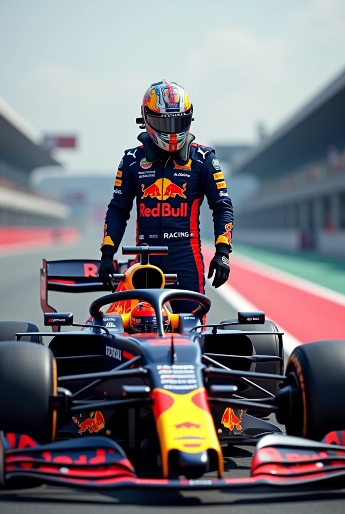 Full body image of F1 driver with open face helmet and Redbull Racing Team uniform, with his RB20 on the track