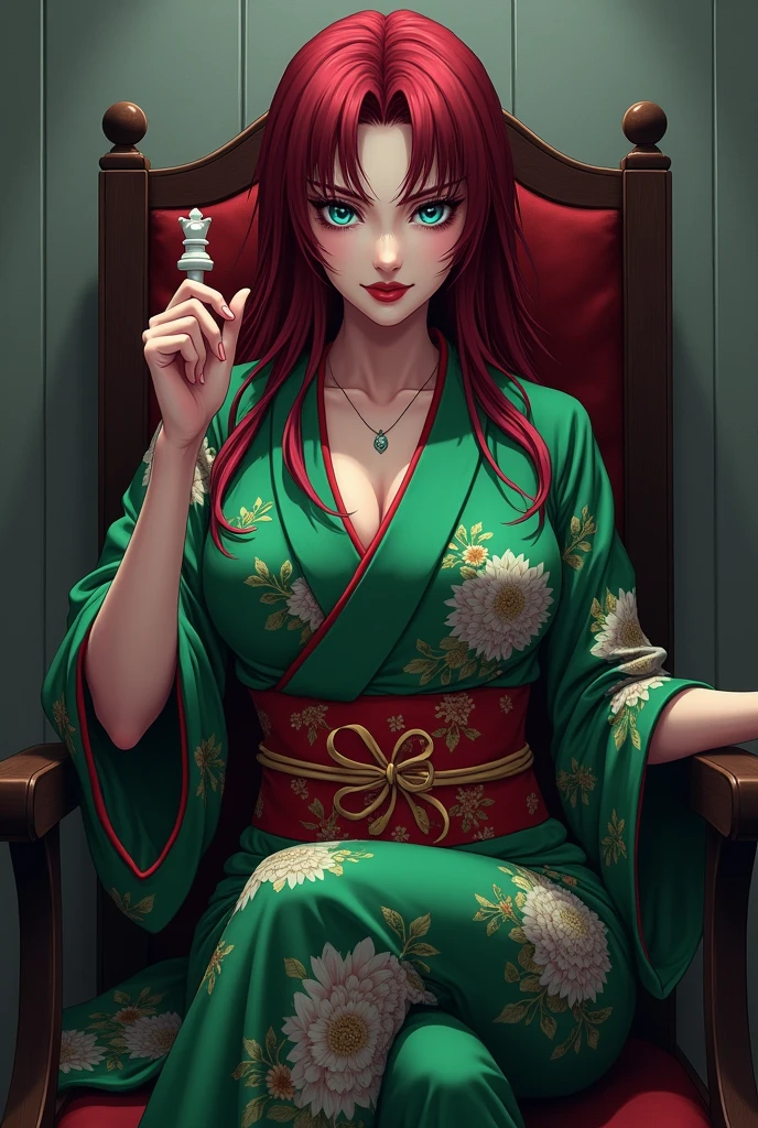 The image is anime style with shadows and dim lights, anime style although somewhat adult and dark, It shows a 40-year-old adult woman with blue eyes and wearing a beautiful oversized green and red yukata.; He also wears sandals. She has very long and loose hair., dark red, with a face that shows a malevolent smile with malice, She has beautiful feet. The background of the image is a grey wall. is beautiful, but he seems like a psychopath. You are sitting on a kind of throne, while holding a chess piece in his hand