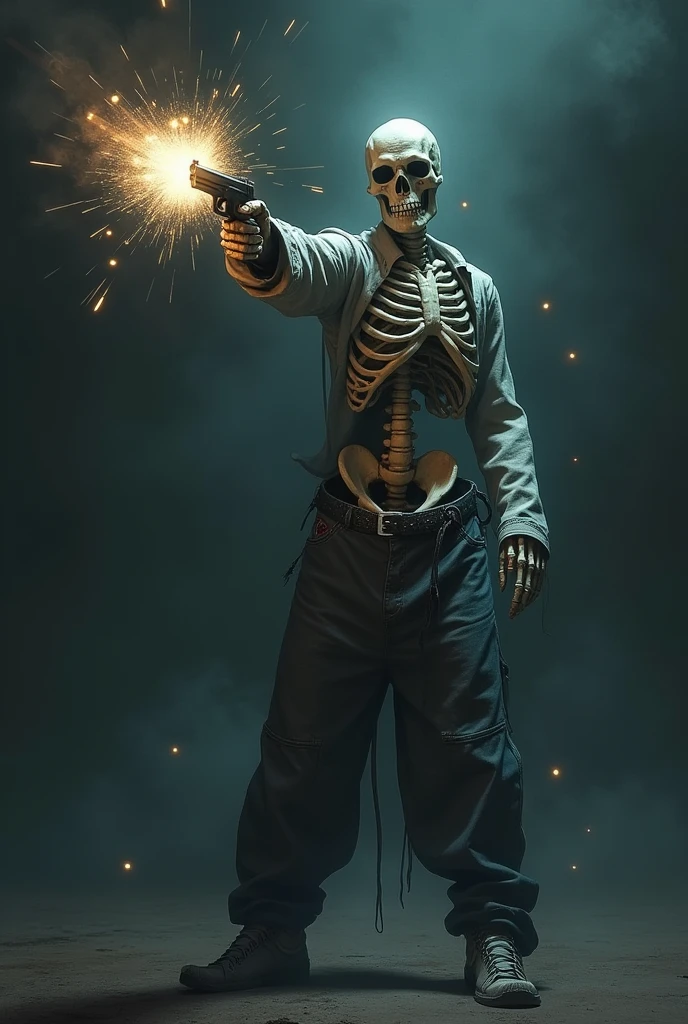 make a skeleton with baggy jeans pointing a gun and make sparkles come out of it