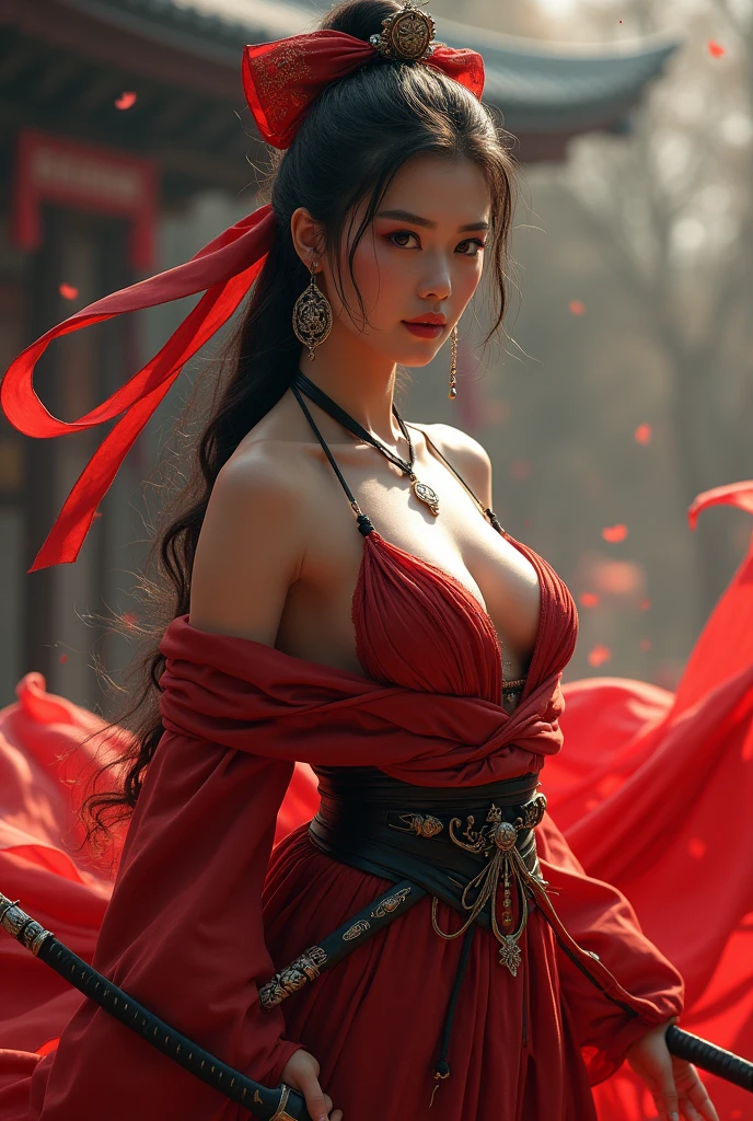 samurai woman, ((masterpiece, highest quality, Highest image quality, High resolution, photorealistic, Raw photo, 8K)), ((Extremely detailed CG unified 8k wallpaper)), (huge stunning goddess shot, very hot and sexy, wish swords, sexy samurai red dress, revealing, full body, jaw-dropping beauty, perfect proportions, beautiful body, slim body beauty:1.4),