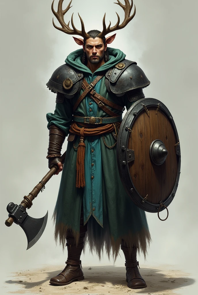 Create me a character for Dungeons and Dragons, a person in the role of a shaman. The character is 30 years, large, not quite as muscular, with a coat and a hood with deer antlers on the hood. No beard and a young face. In his hand an axe. Als Rüstung trägt er largee Schulter Platten aus Schwarzem Holz. Dazu ein largeer Schild in der linken Hand. With a dark green leather armor. On the chest a light blue stripe 