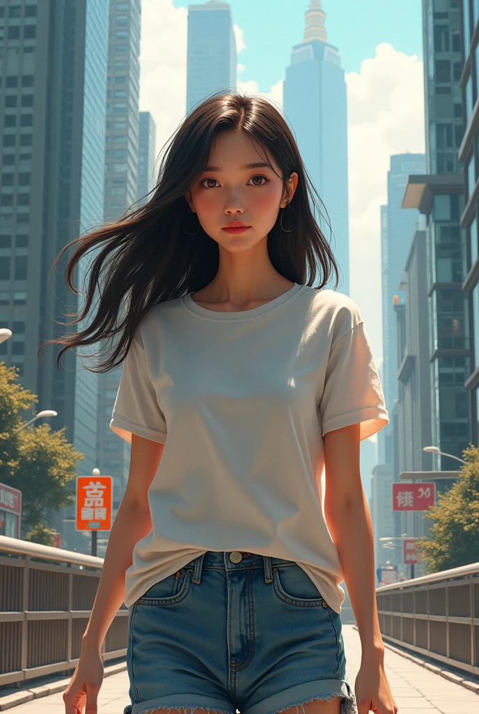 Asian woman in t-shirt walking on a bridge in the city