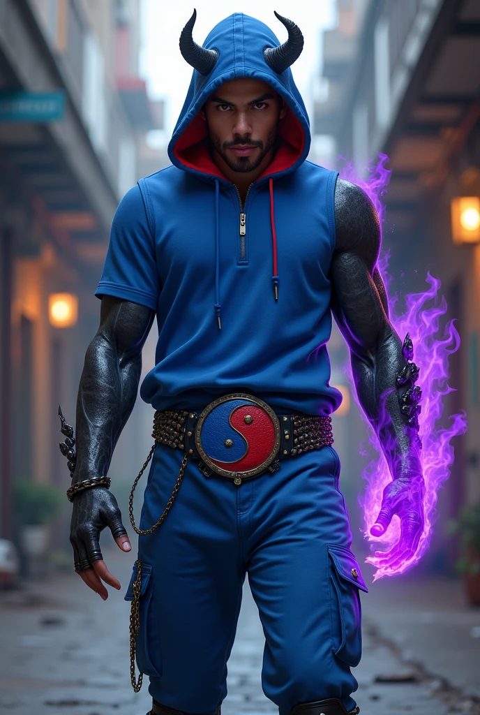 Boy age 20, latin, brown eyes, deep and cute eyes, royal blue hoodie, the hoodie hood is red into, royal blue cargo pants, only right demon arm with black horns, only right arm on violet flames, cyberpunk style, belt with a blue and red ying yang, chains around the belt, athletic, magic powers, action, cunning look, leather brown boots with metal pins, black cat nails, hero pose, black hair