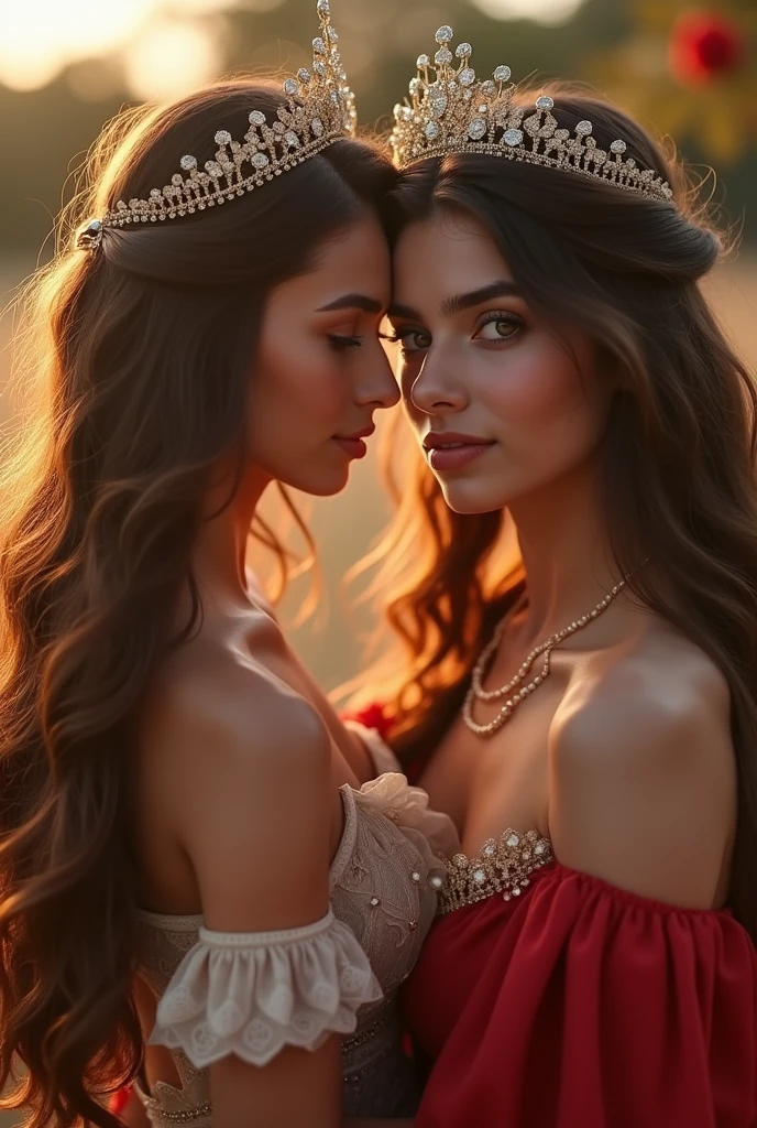 Make a picture of a very beautiful princess who wants to make love with her female friend and then they make love and taste 