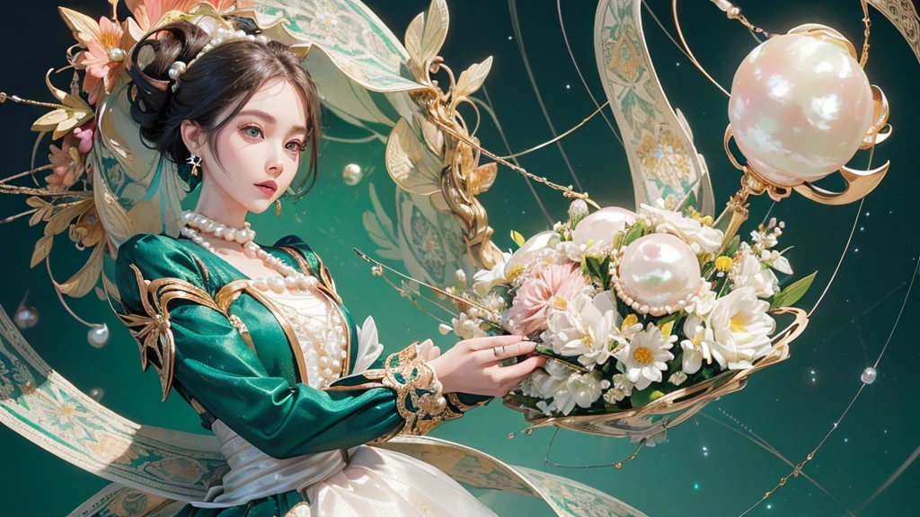 32K, 最高quality, 最高masterpiece, (ultra-Detailed Background, Detailed Background), High resolution, Super detailed, Very detailedな, 1 personの, (bouquet:1.3), (Tangled:1.2), (Geometric:1.2),(colorful),(masterpiece, quality, best quality, Official Art, Beautiful and beautiful:1.2), (1 person:1.3), Very detailed,(colorful:1.1)(Flowers:1.3),Most detailed,(Tangled:1.2), whole body, (Abstract background:1.3), (Skin glows), (Many colors:1.4), ,(Earrings Pearl:1.5), Light green background, It's imaginative., Brunette Hair, Updo, Holding a book, Holding a pen, Satin shirt