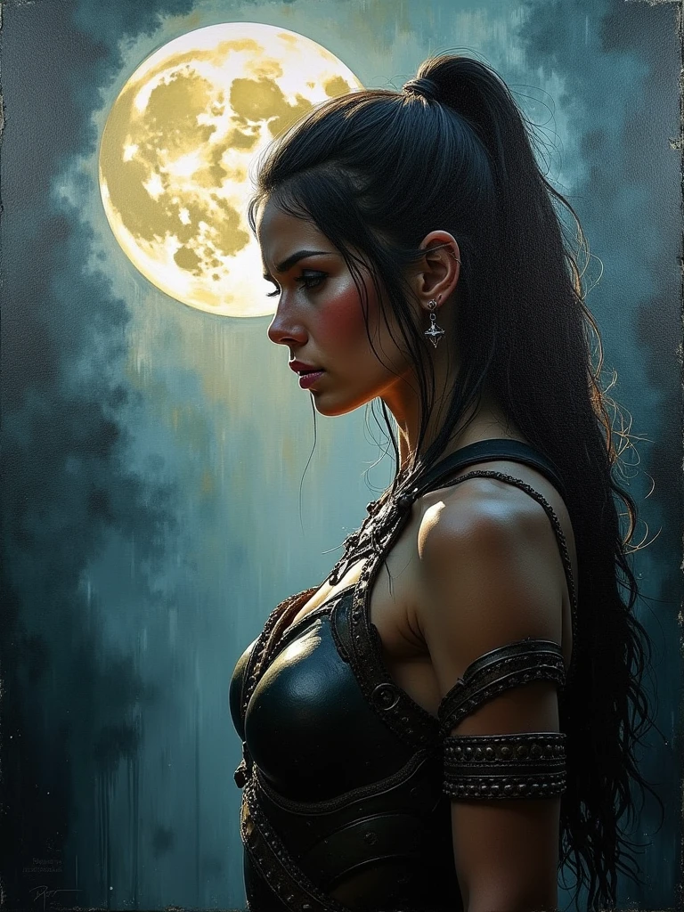 acrylic splash painting, close-up a beautiful Amazon woman wearing armor with sad face, side view, chaos, dark ambient, smokie, mystery, full moon.