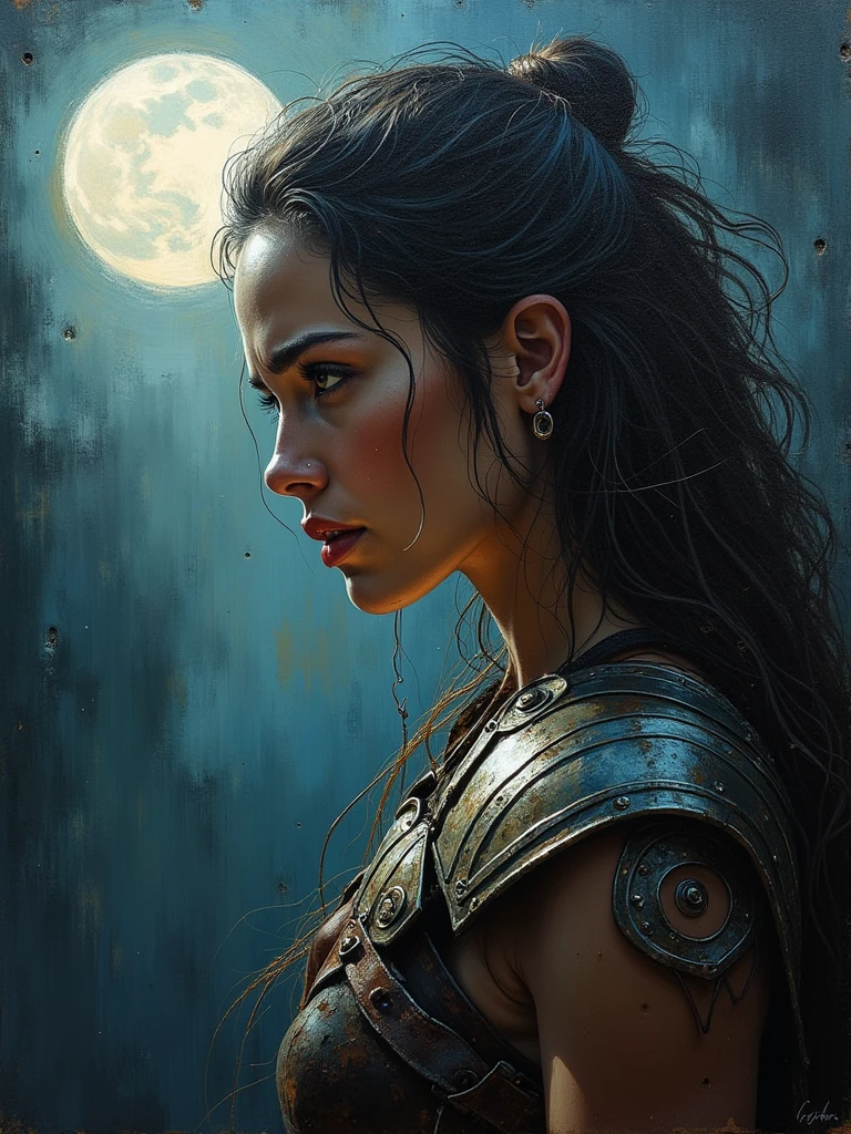 acrylic splash painting, close-up a beautiful Amazon woman wearing armor with sad face, side view, chaos, dark ambient, smokie, mystery, full moon.