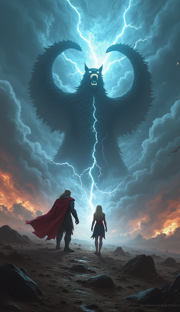 "In the heart of the stormy battlefield, Seraphina and Thor stand united against the monstrous forces of Norse mythology. The giant wolf Fenrir howls as Thor’s lightning crackles across the sky, while Seraphina’s Ultima spell prepares to unleash its devastating power. Together, they face the world-ending beast, determined to protect the realms."