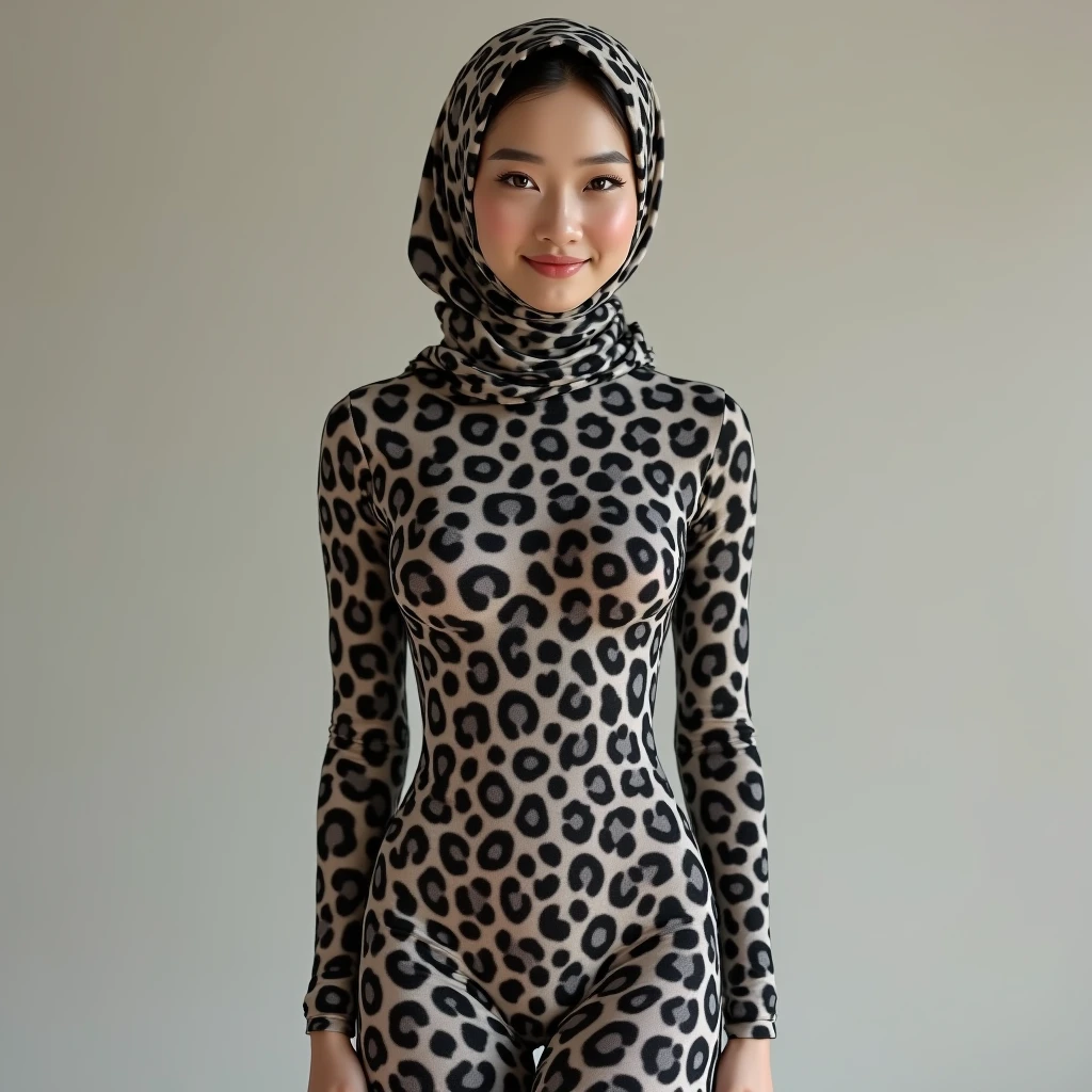 The beautiful and thin Chinese adult contortion girl with beautiful cheeks wears beige zebra lycra dancewear turtleneck unitard catsuit.She always wear beige zebra print lycra elastane dancewear hijab-like zentai hood.She is happy at home.She is kept as a pet.