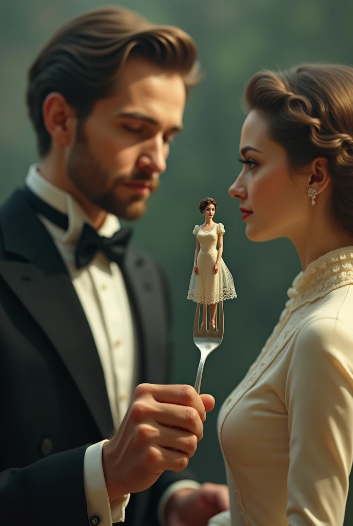 A man holds a fork in one hand on which sits a well-dressed woman in miniature