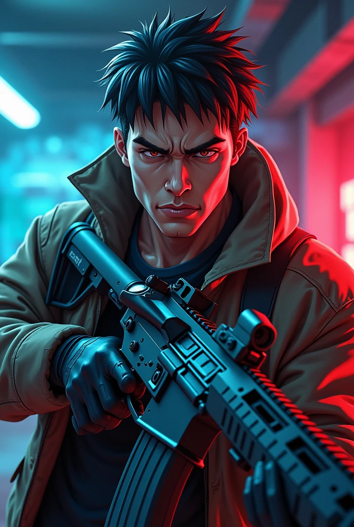 Dangerous look anime man with a M416 COLOURING back wall blue and red and wall name is X8OGGY visible name
