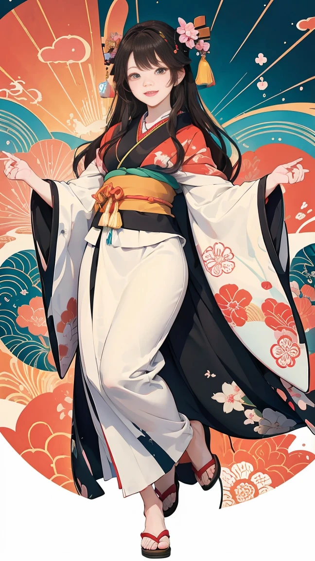 (SeaArt creates stunning illustrations of beautiful women in kimono)、Vividly colored Japanese Ukiyo-e style illustrations、A beautiful woman smiles and shows her upper white teeth、Brown-black long hair、Beautiful full body style、Let's dance a little Tokyo Ondo Yoiyoi、Beautiful new digital paintings,、Bright vibrant digital anime art、 Beautiful anime portraits、background、Torii gate of the Japan shrine、 Detailed digital anime art、