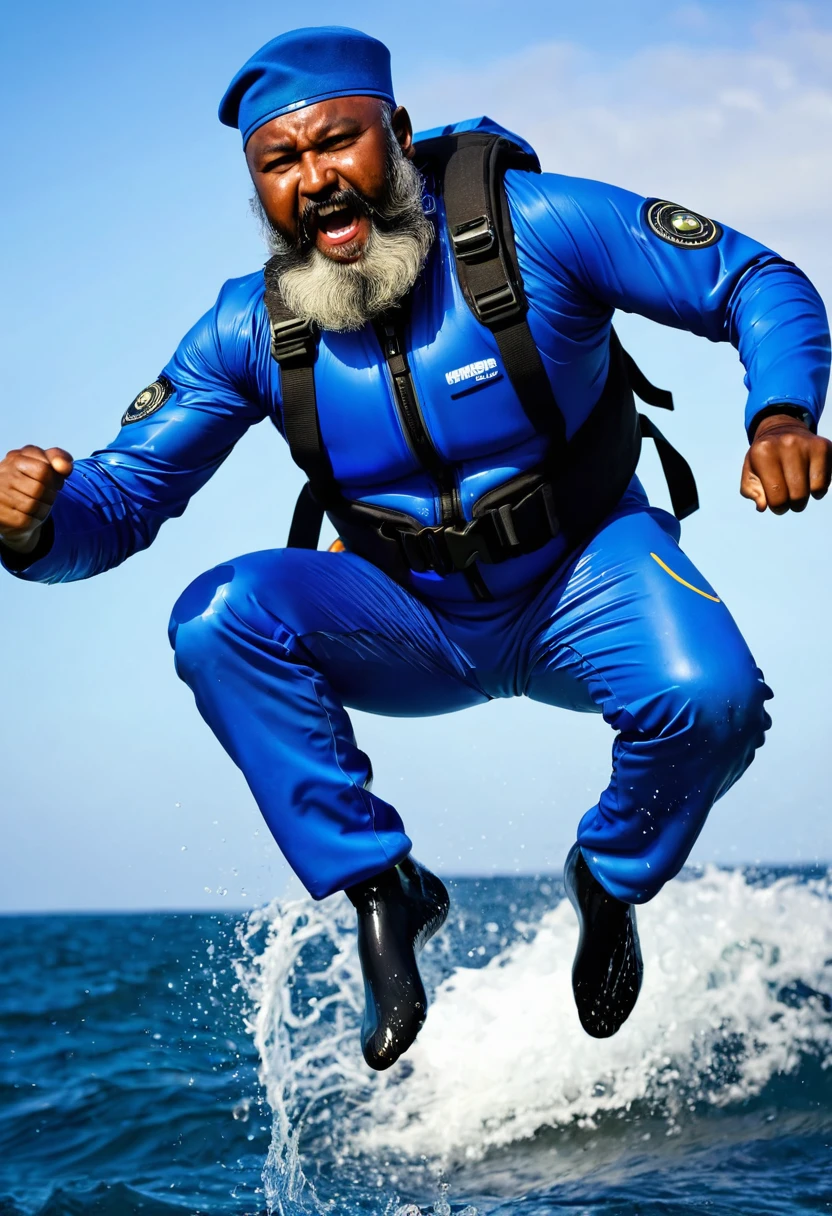 (a dark-skinned bearded fat old man in a bulky blue zipper diver suit) jumping from the sea, dripping wet, attacking, fighting stance, shooting with gun and (wearing army beret), muscular, Basuki Abdullah, sumatraism, action, a character portrait, heroic, fierce, angry, best quality image